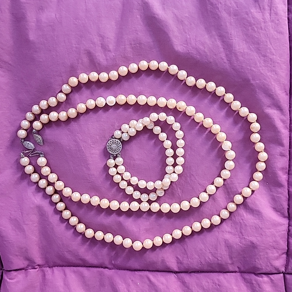 Classic Vintage Faux Pearl Set - 2 Necklaces 15" & 17" & Double Strand Bracelet